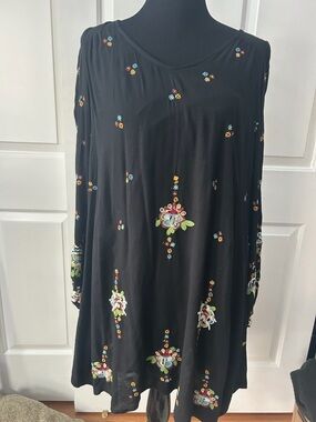 Free People Black Long-Sleeve Embroidered Swing Dress XS